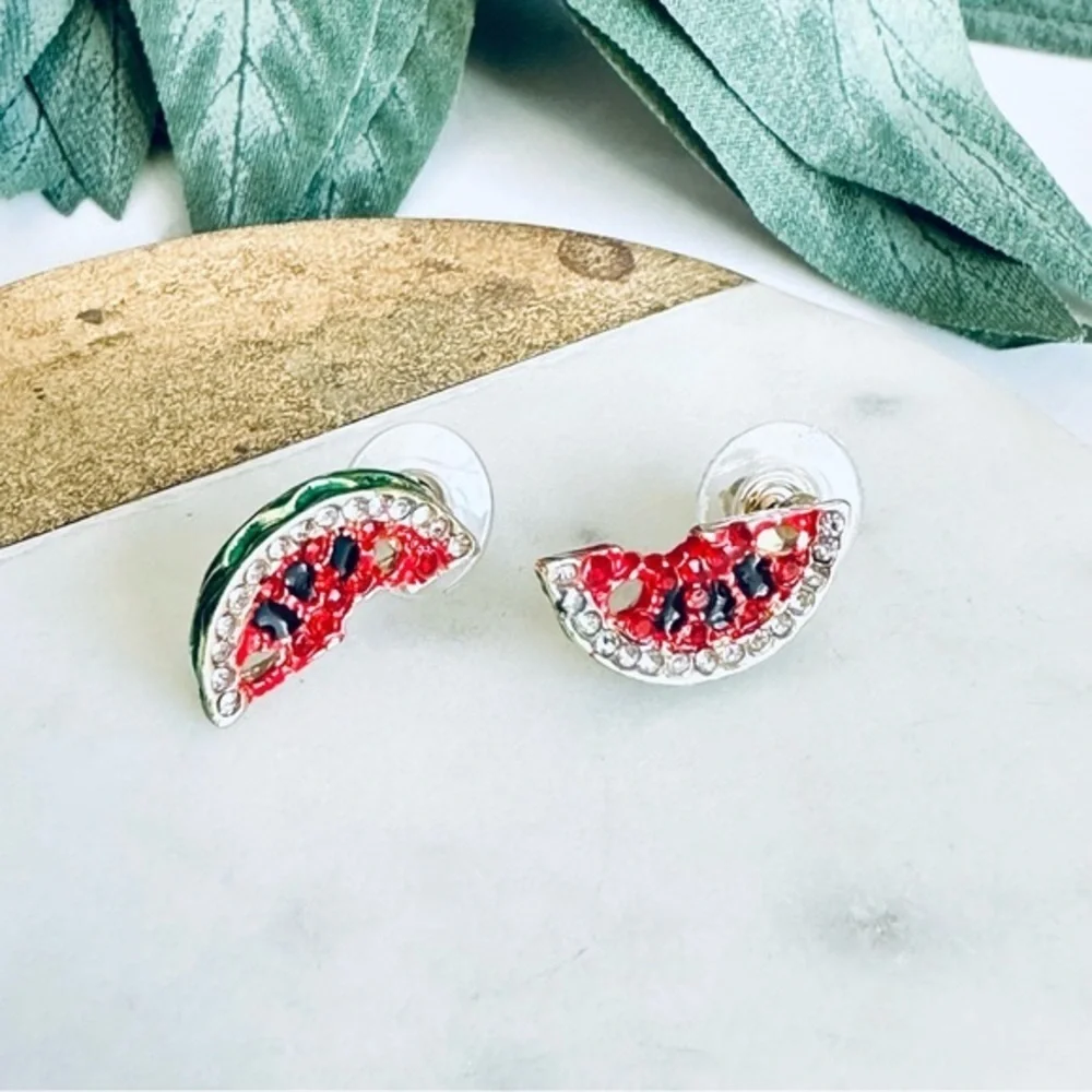 2/$30🌵 Watermelon Slice Fruit Rhinestone Pave Stud Summer Small Dainty Earrings